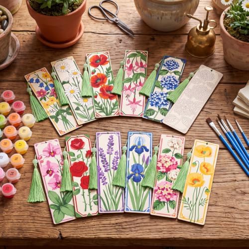 Kosiz 12 Pcs Flower Paint by Number Kit for Adult Floral Wood Bookmark - Image 2