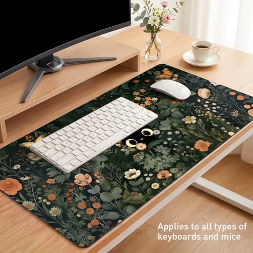 Black Cat Desk Mat, Dark Botanical Floral XXL Mouse Pad 35.4x15.7 in - Image 7