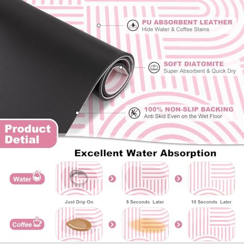 Findosom Geometric Dish Drying Mat, 12" x 20" Absorbent Coffee Mat, Pink - Image 3