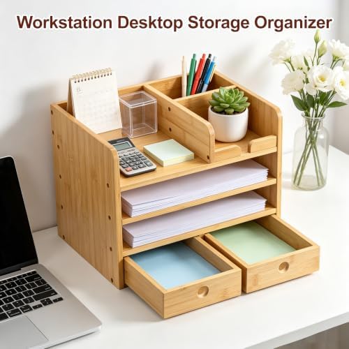Bamboo Desk Organizer with Drawers, Makeup Storage for Home Office - Image 6
