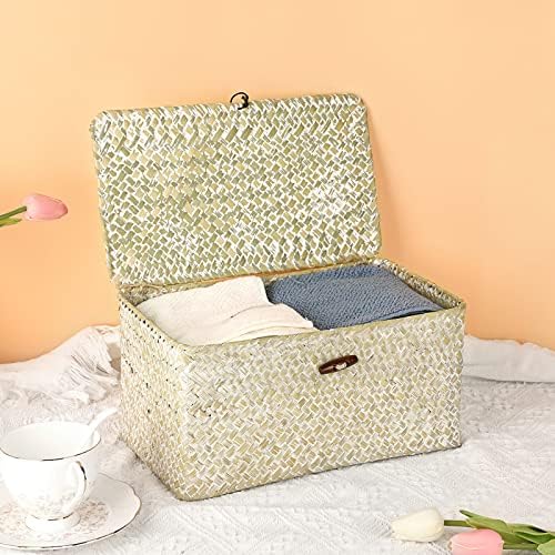 Hipiwe Seagrass Storage Basket Bins with Lid Handwoven Wicker Shelf Baskets - Image 4