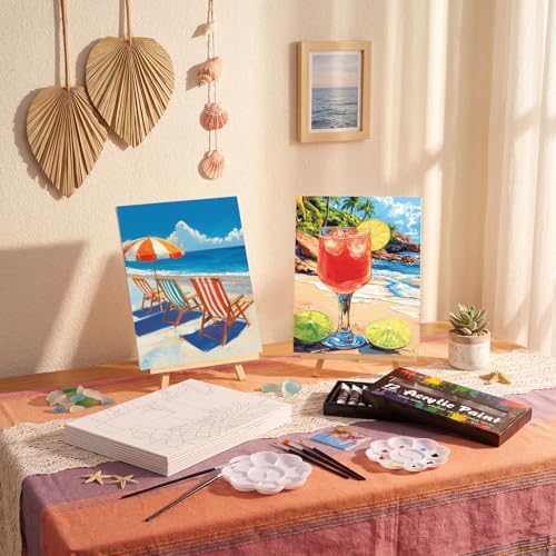 Ctosree 72 Pcs Hawaii Paint and Sip Kit for Adults 8'' x 10'' Pre Drawn Canvas for Painting DIY Pre Printed Canvas for Party Favor Acrylic Painting Kit Wood Easel Brushes Date Night Bulk - Image 2