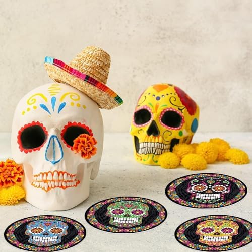 8Pcs Halloween Skull Diamond Coaster with Holder DIY Day of The Dead Art Painting Coaster for Beginners - Image 3