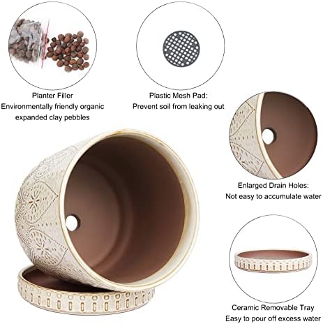 8 Inch Indoor Plant Pot with Drainage Holes and Saucers, Ceramic Planter for Plants, Succulent Orchid Flower Pots - Image 3