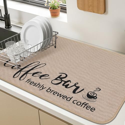 Findosom Dish Drying Mat, 12"x 20" Super Absorbent & Hide Stain Coffee Mat, Cuttable Drying Mat for Kitchen Counter, Coffee Bar Accessories, Under Dish Rack, Coffee Maker, Espresso Machine, Linen - Image 6