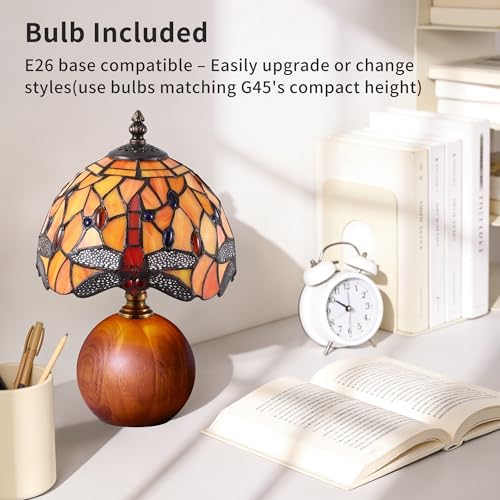12.2" Retro Dragonfly Tiffany Small Table Lamp with Wood Base - Image 6