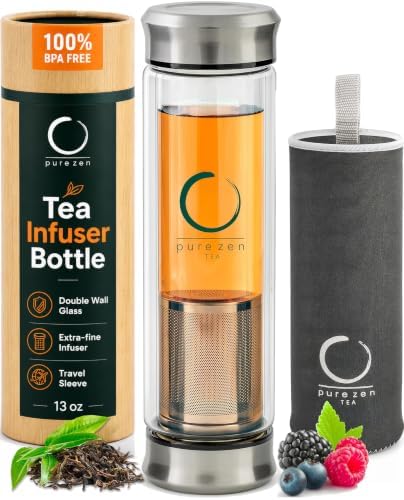 Pure Zen Tea Infuser Bottle, 13 oz, Tea Bottle with Infuser, Tea Gift Set by PureZenTea