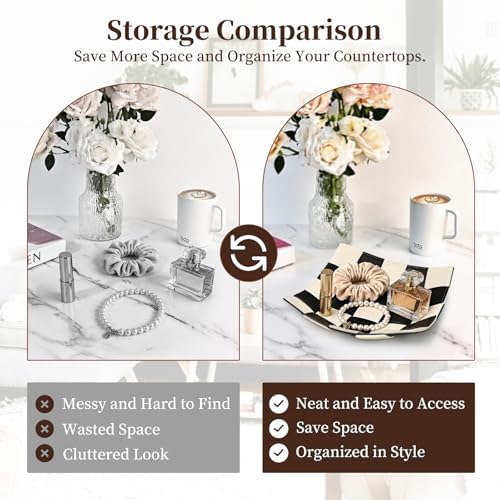 MSJGA Black and White Checkered Valet Tray PU Leather Key Holder Bowl for Women and Men Entryway Table Nightstand Desk Tray for Wallet, Keys Men's Gift - 9.8" L x 9.8" W x 2" H - Image 5