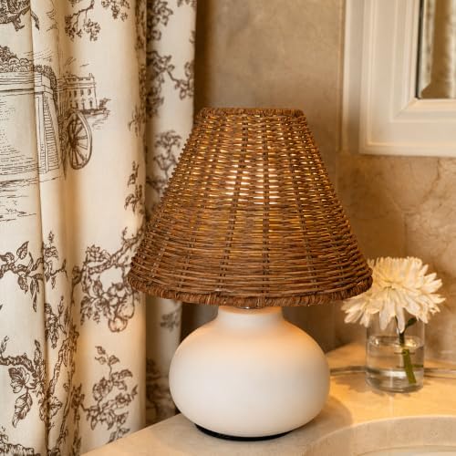 11" Small Table Lamp – Handmade Ceramic Cream Base with Wicker Rattan Shade, Dimmable Plug-in Nightstand Light for Bedroom, Kitchen Counter, or Small Spaces – Boho Japandi Organic Decor - Image 3