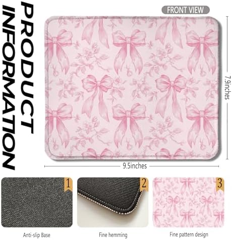 Coquette Pink Bow Floral Mouse Pad, Preppy Girly Pink Bow Flower Aesthetic Mouse Pads for Wireless Mouse Computers Laptop Desk Accessories, Preppy Girly Office Supplies, 9.5x7.9 Inch - Image 2