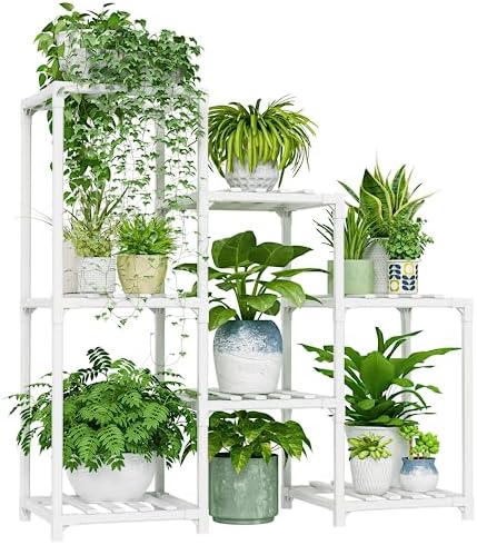 Bamworld Indoor Plant Stand Outdoor White Shelf Bamboo Plant Table for Multiple Plants 3 Tiers 7 Pots Ladder Holder Pot Window Garden Balcony Living Room by Bamworld