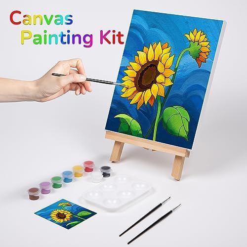 VOCHIC Paint and Sip kit Pre Drawn Canvas Painting Kit for Adults Kids, Canvas Painting Party Supplies Kit with Picture to Paint 1 Easel, 8 Acrylic Colors,3 Brush,1 Pallet Sunflower Art Set (8x10) - Image 2