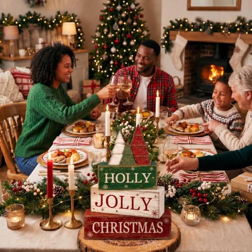 Moucuny 4 Pcs Christmas Centerpiece Wood Block Signs Holly Trees - Image 6