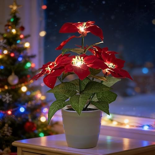 Artificial Christmas Flower Lamp Night Light, Battery Powered for Christmas Bedroom Bar Coffee Shop Decor, Gifts for Women Mom Grandma Girlfriend Birthday Christmas Valentines Mothers Day by Hibeauti