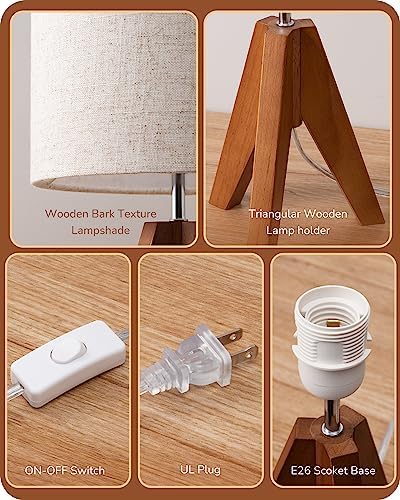 EDISHINE Small Table Lamp, Wooden Tripod Nightstand Lamp, 14.2", 2 Pack - Image 3