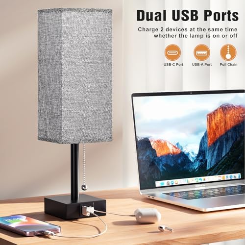 Set of 2 Grey Bedside Table Lamps for Bedroom - Nightstand Lamp, USB C+A - Image 5