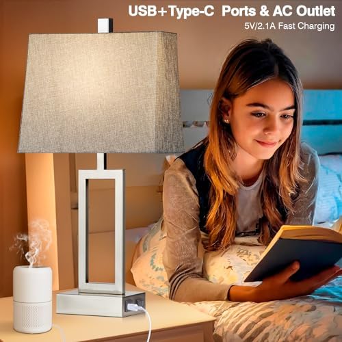 Lolikit 23.5" Touch Control Table Lamps, Metal Bedside Lamp for Bedroom Set of 2 with USB A+C Ports & AC Outlet, 3-Way Dimmable Nightstand Lamp for Living Room (LED Bulb Included) - Image 2