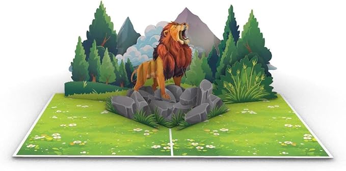 iGifts And Cards Roar-some 3D Pop-Up Lion Card – Majestic Safari Jungle Scene | Fierce Fun Wildlife Greeting for Birthdays Graduations Thank You Encouragement Animal Lovers 6x8 with Notecard
