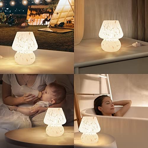 ONEWISH Cute Mushroom Lamp Small Bedside Table Lamp Set of 2 Stepless Dimmable, Translucent Glass White Nightstand Lamp for Bedroom Dorm Kids Room Living Kitchen, Murano Aesthetic Home Decor - Image 6