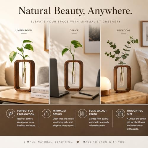Modern Wooden Frame Glass Vase Hydroponic Planter – Minimalist Square Propagation Station with Test Tube Vase – Indoor Plant Terrarium for Flower, Cuttings & Home Office Decor - Image 2