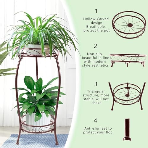 MOCORY Plant Stand Indoor Outdoor,2 Tier 27.1" Tall Metal Plant Shelf,Brown - Image 5