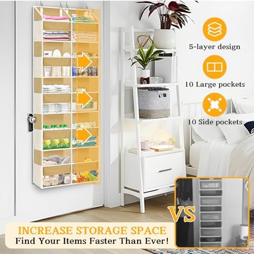 Ofiray-home Over the Door Organizer 5 Tiers,Extra Large Behind Door Storage of 10 Compartments,80 lbs Weight Capacity Over the Door Storage, Door Hanging Organizer for Closet, Diaper Organizer, Camel - Image 2
