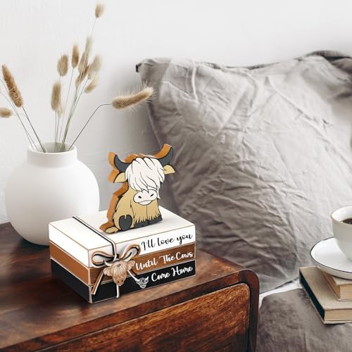 Yookeer 4 Pcs Highland Cow Tiered Tray Decor Mini Wooden Book Stacks - Image 6