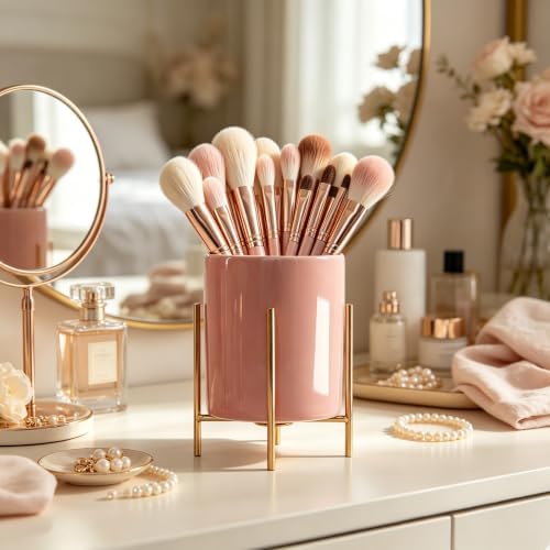Ceramic Pen Holder Stand Cup Pencil Holder Organizer Makeup Brush Holders for Home Office Desk (Pink) - Image 2