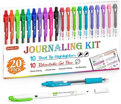 Shuttle Art 20 Pack Journaling Kit,10 Colors Dual Tip Highlighters and 10 Colors Retractable Gel Ink Pens,Perfect for Adults Coloring,Underlining, Highlighting, Writing in Office Home&School by ShuttleArt