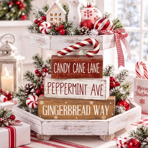 Moucuny 4 Pcs Christmas Table Decor Candy Cane Lane Sign, Wood Block Set - Image 2