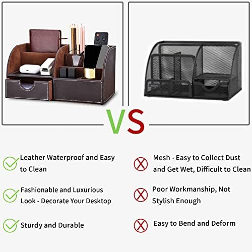 KINGFOM Pu Leather Desk Organizer Pen Pencil Holder Office Supplies Caddy Storage Box 6 Compartments with Drawer Brown - Image 4