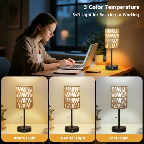 Rattan Bedside Table Lamps Set of 2 - Boho Lamps With 3 Color Temperatures & USB AC Port, Pull Chain Table Lamp For Bedroom, Cute Small Lamp For Nightstand Office Desk Bed Side End Table Living Room - Image 2