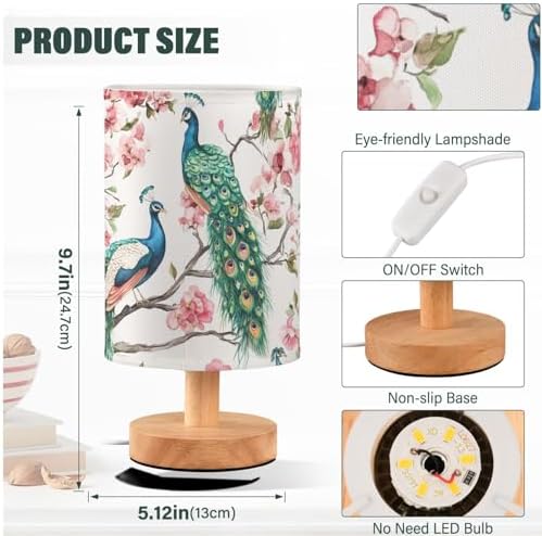 Fustylead Elegant Peacocks with Pink Floral Bedside Table Lamps with USB Port for Bedroom Lamp Small Nightstand Lamp Sturdy Linen Shade Wooden Decorative Lamps for Living Room Home Dorm Kids - Image 4