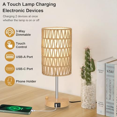 Boho Table Lamp for Bedroom with Bulb, Small Touch Control Table Lamp for Living Room with Rattan & Linen Shade, 3 Way Dimmable Bedside Lamp for Nightstand with USB Charging Port & Phone Stand - Image 3
