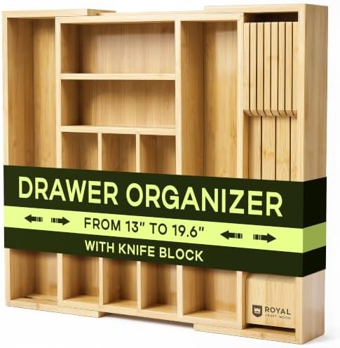 Drawer Organizer for Kitchen Organization – Expandable Bamboo Silverware Drawer Organizer with Removable Knife Block, Bamboo Cutlery, Non-Slip Utensil Organizer with 7-Slot Knife Storage for Flatware by ROYALCRAFTWOOD