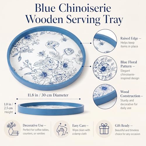 Novabright Blue Wooden Serving Tray, 11.8" Round Chinoiserie - Image 3