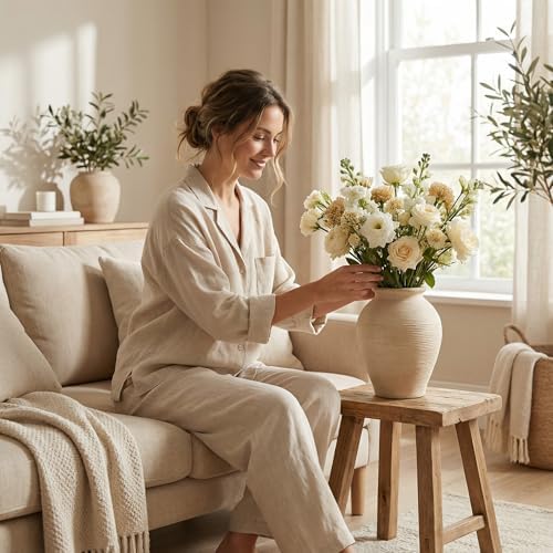 Large 9 Inch Ceramic Vase, Farmhouse Rustic Table Centerpiece, Vintage Floor Vase for Dried Flowers, Home Decor for Living Room, Mantel, Bookshelf & Office - Image 4