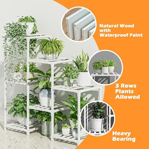 Bamworld Indoor Plant Stand Outdoor White Shelf Bamboo Plant Table for Multiple Plants 3 Tiers 7 Pots Ladder Holder Pot Window Garden Balcony Living Room - Image 6