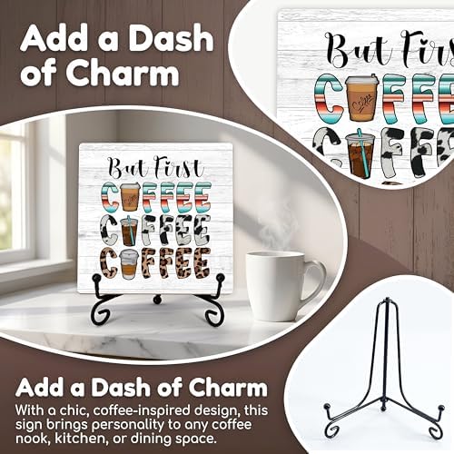 Coffee Bar Sign, But First Coffee Sign, Coffee Lover Gifts, Coffee-Themed Decor, 5x5 Wood Plaque with Iron Stand for Home, Kitchen or Cafe – A10 - Image 3