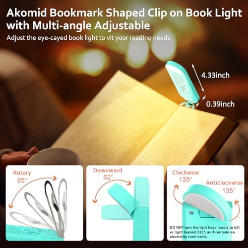 Akomid USB Rechargeable Book Light for Reading in Bed, 8 LEDs Bookmark Style Clip on, Eye-Cared Amber Light Mode for Kids, Blue Light Blocking, Stepless Dimming, Lake Blue - Image 7