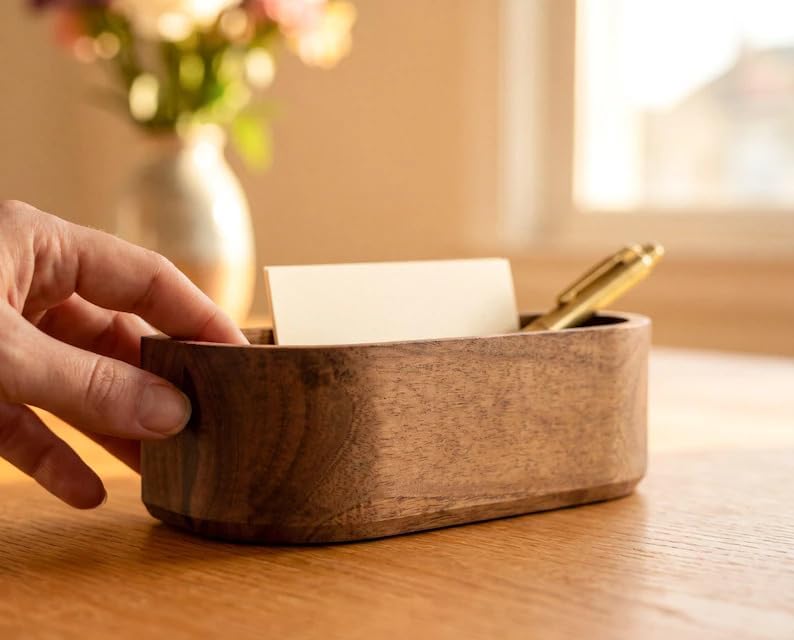 Natural Walnut Wood Desk Caddy, Minimalist Open Storage Organizer Tray for Business Cards Pens Small Office Desktop Accessories, Mid-Century Tabletop Wooden Catchall Holder for Home Office Workspace - Image 5