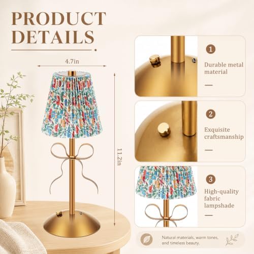 Liliful 2 Pcs Cordless Table Lamp LED Touch, Gold, Floral Style Bow - Image 2