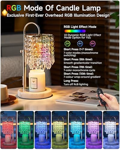 Candle Warmer Lamp with Timer Dimmer and 3 Bulbs, Candle Lamp Warmer with RGB Mode for Adjustable Height, Crystal Candle Lamp for Jar Candles, House Warming Gifts Home Room Decor, French Gold - Image 2