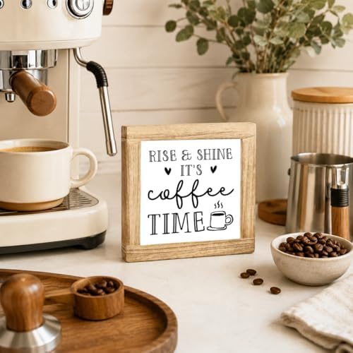 Rise And Shine Coffee Time Wood Sign, Morning Coffee Bar Decor, Farmhouse Kitchen Counter Plaque, Rustic Shelf Sitter For Breakfast Nook Coffees Station, Cozy Beverage Nook Display, 5.9 x 5.9 in - Image 4