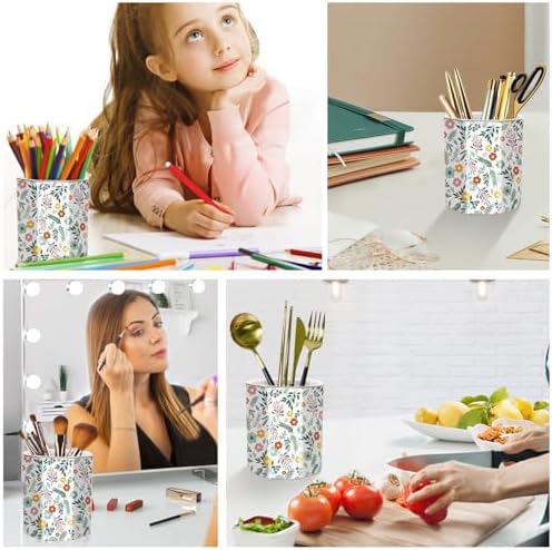 Large Capacity Colored Pen Holder for Desk, Ceramic Pencil Cup Cute Makeup Brush Holder, Desktop Supplies and Accessories, Pen Pencil Caddy for Office Home, Green Floral Pattern - Image 4