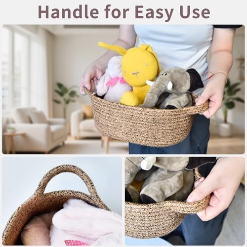 ABenkle Small Basket with Handles, Boho Decorative Rope Woven Dog Cat Toy Storage Bin Shelf Storage Organizer, Easter Christmas Gift Basket, 12"x8"x5" - Image 7