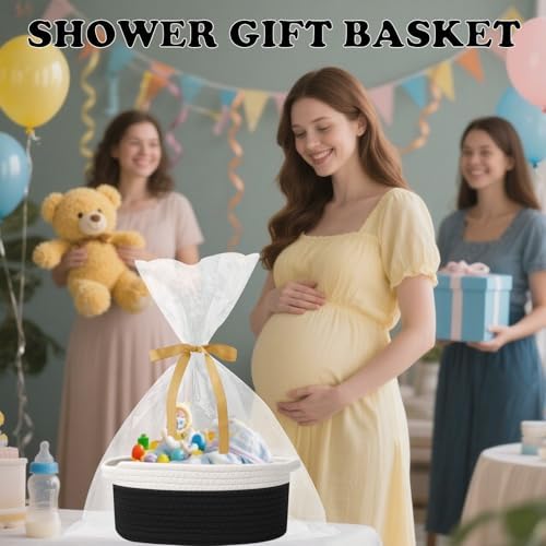 Woven Rope Basket - Baby Gift Basket with Bag & Ribbon, White&Black - Image 4