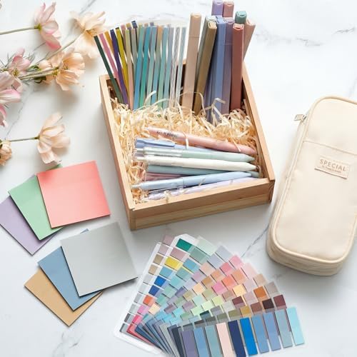 135 Pcs Book Annotation Kit with Pencil Case, 12 Pastel Highlighters, 11 Gel Pens, Fine Marker, 300 Transparent Sticky Notes, 2640 Index Tabs, Bible Study Supplies Kit(Classic,Beige) - Image 2