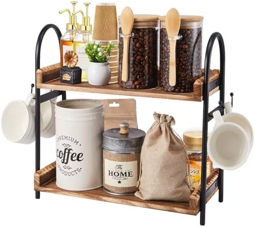 BDBDYEAY Coffee Bar Accessories, 2-Tier Coffee Bar Organizer with 4 Coffee Cup Holder Hooks, Mul-tifunctional Wooden Beaded Coffee Station Countertop Stand Shelf for Kitchen Home Office by BDBDYEAY