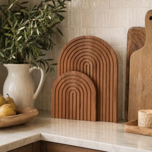 Chunful 2pcs Arch Cutting Board Boho Shelf Decor, Brown, Pine - Image 2